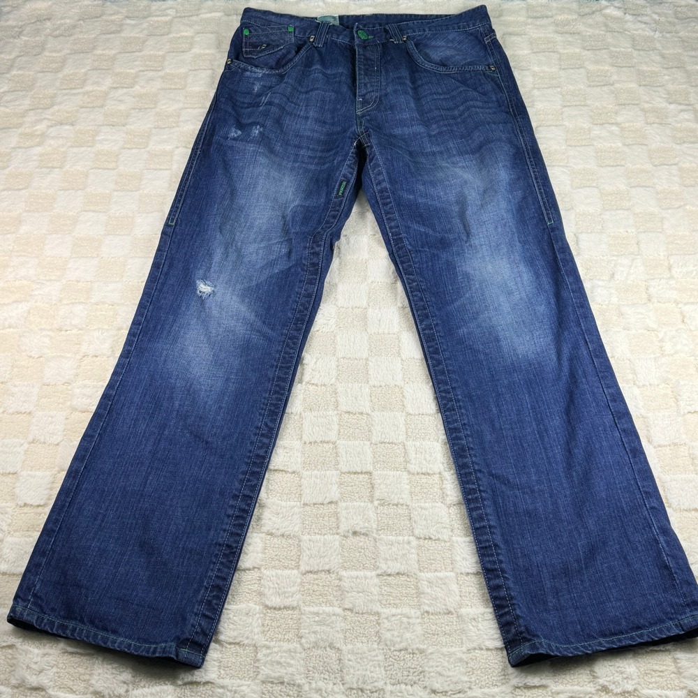 Parish‎ Mens Jeans Distressed Blue Denim Green Accent Stitching Stylish
